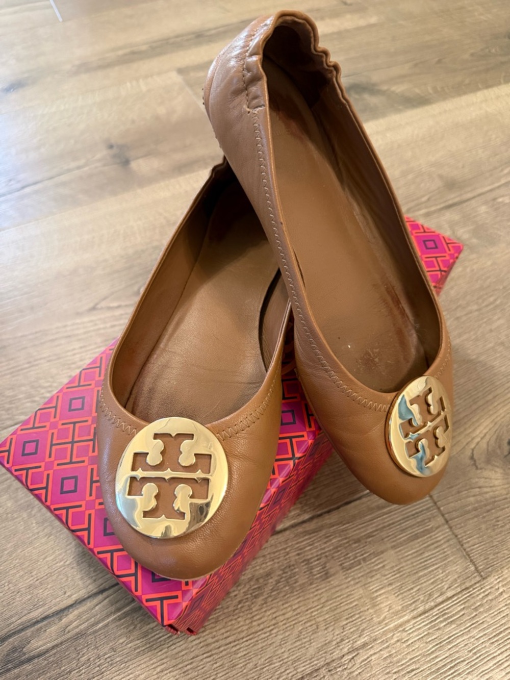 Tory Burch Brown Leather Logo Ballet Flats - Worn